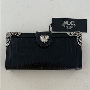 M.C. Genuine Leather Black Croc-Embossed Wallet with Silver Accents